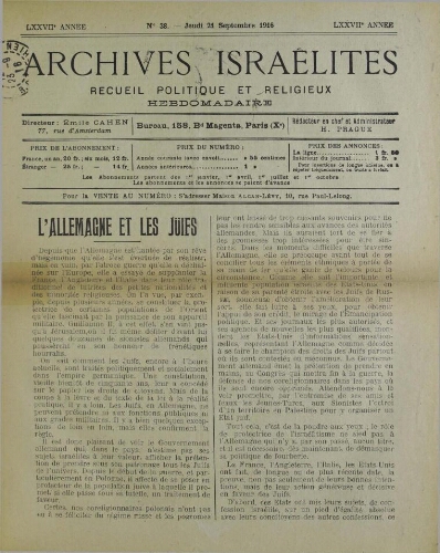 Archives israélites de France. Vol.77 N°38 (21 sept. 1916)